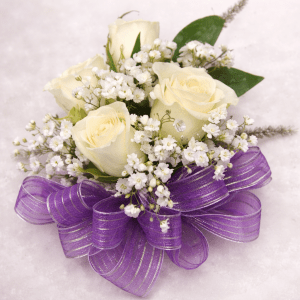 White Rose Purple Ribbon Corsage/Wristlet