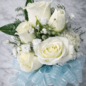 White Rose Light Blue Ribbon Corsage/Wristlet