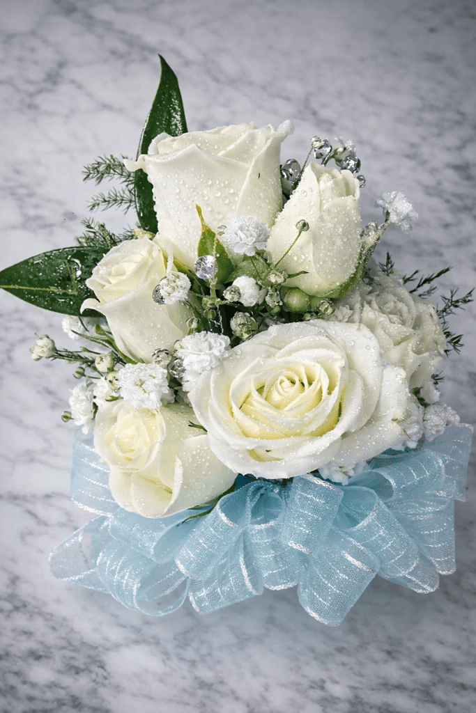 White Rose Light Blue Ribbon Corsage/Wristlet